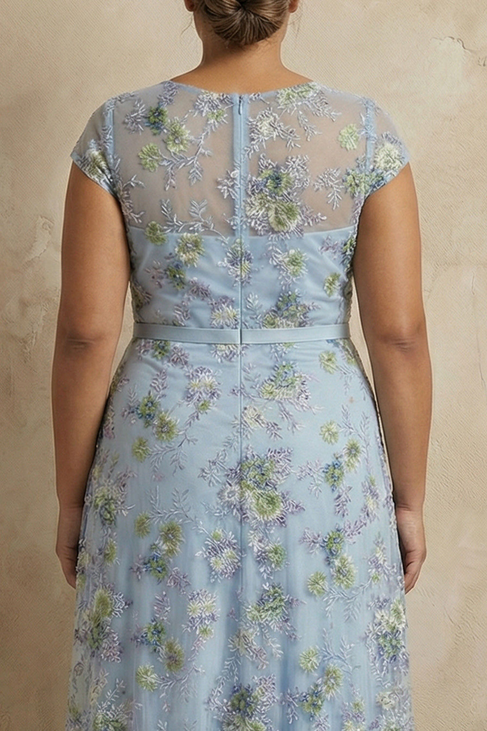 Blue Floral Appliqued Round Neck A Line Long Wedding Guest Dress