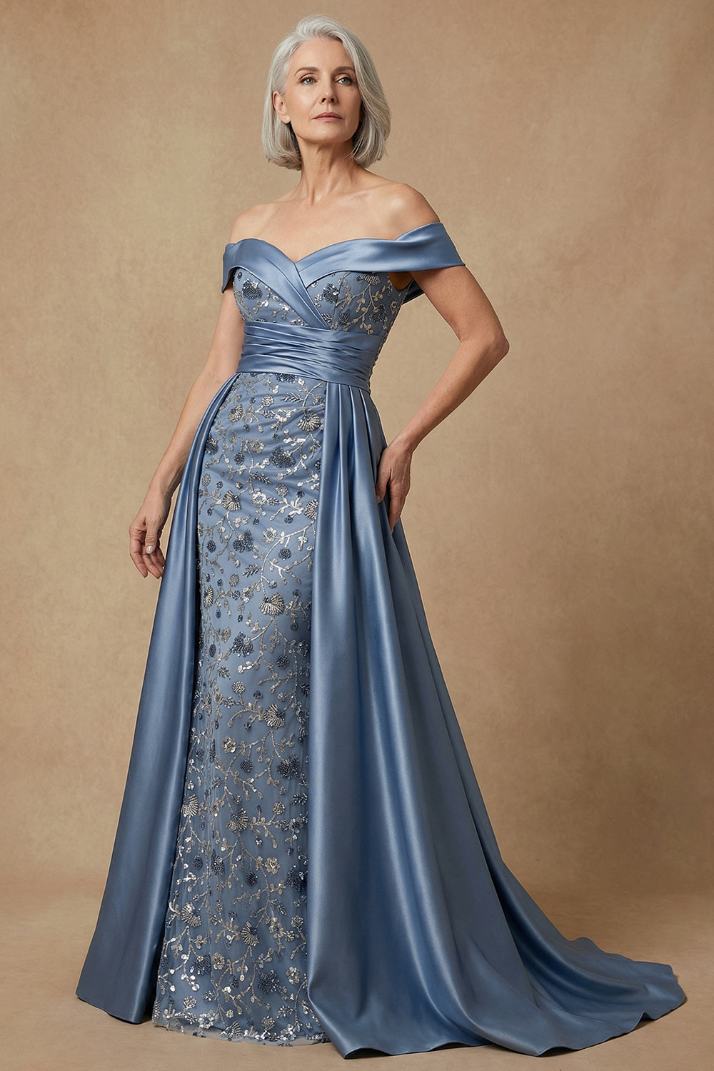Floral Dusty Blue Appliqued Off the Shoulder Long Wedding Guest Dress