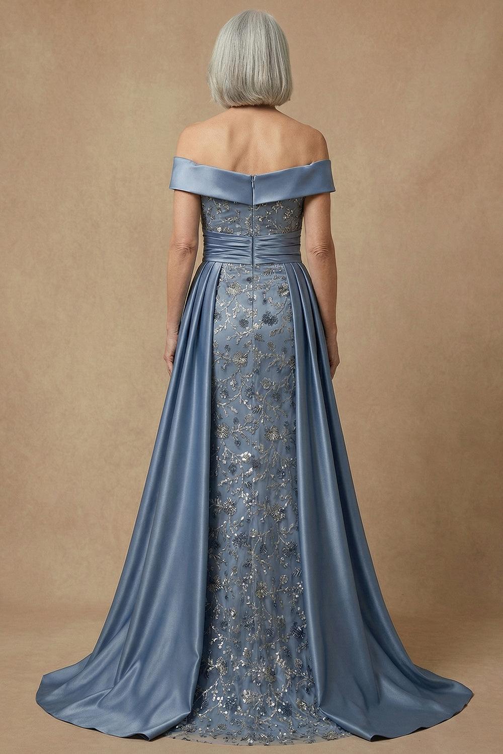 Floral Dusty Blue Appliqued Off the Shoulder Long Wedding Guest Dress