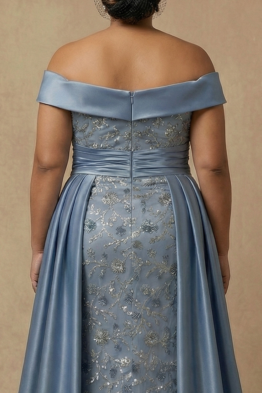 Floral Dusty Blue Appliqued Off the Shoulder Long Wedding Guest Dress