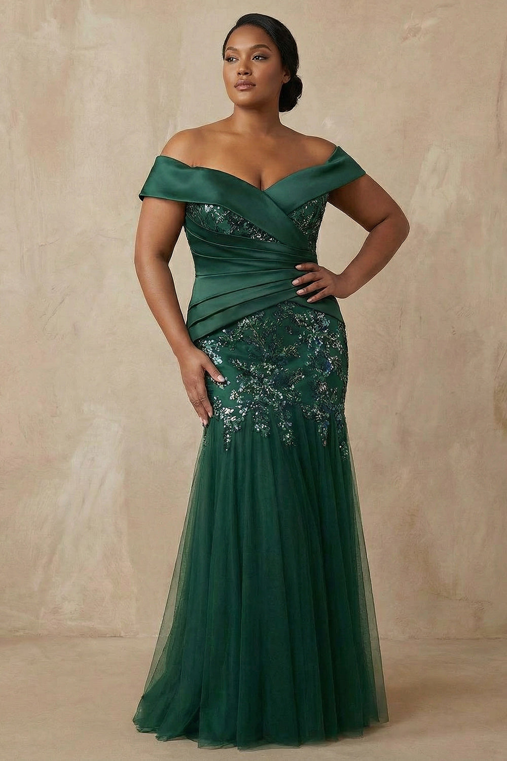 Sparkly Dark Green Floral Mermaid Off the Shoulder Long Wedding Guest Dress with Appliques