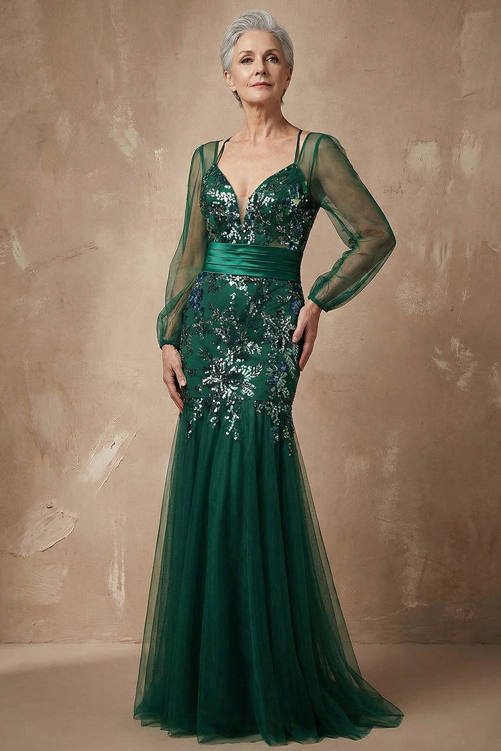 Sparkly Floral Dark Green Appliqued Mermaid Long Sleeves Wedding Guest Dress