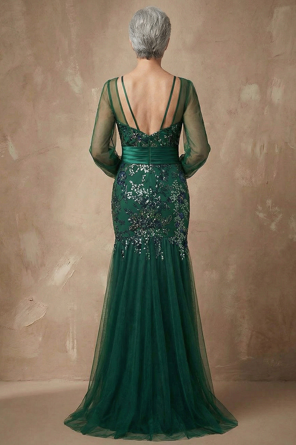Sparkly Floral Dark Green Appliqued Mermaid Long Sleeves Wedding Guest Dress
