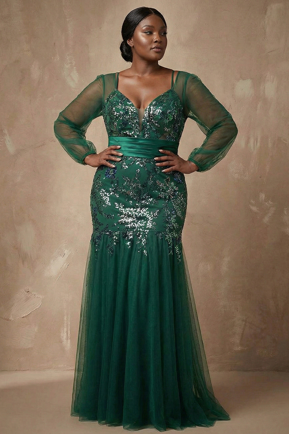 Sparkly Floral Dark Green Appliqued Mermaid Long Sleeves Wedding Guest Dress
