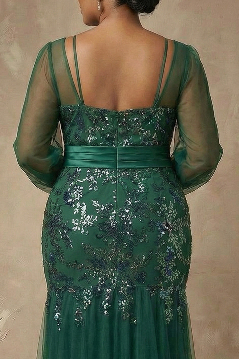 Sparkly Floral Dark Green Appliqued Mermaid Long Sleeves Wedding Guest Dress