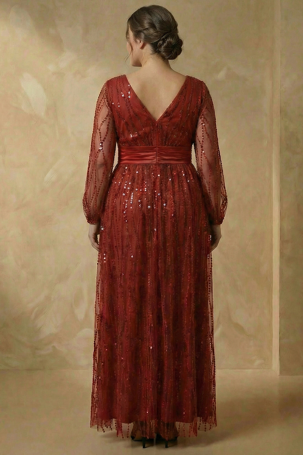 Sparkly Sequin Burgundy A Line V Neck Long Wedding Guest Dress