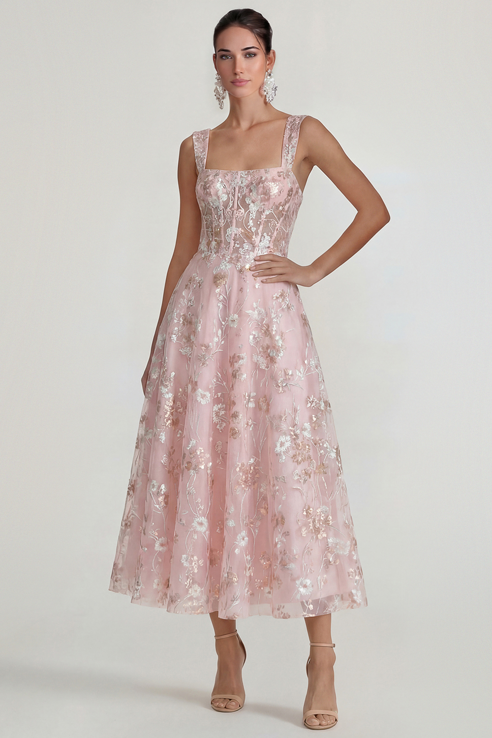Pink Floral Square Neck A Line Long Corset Wedding Guest Dress