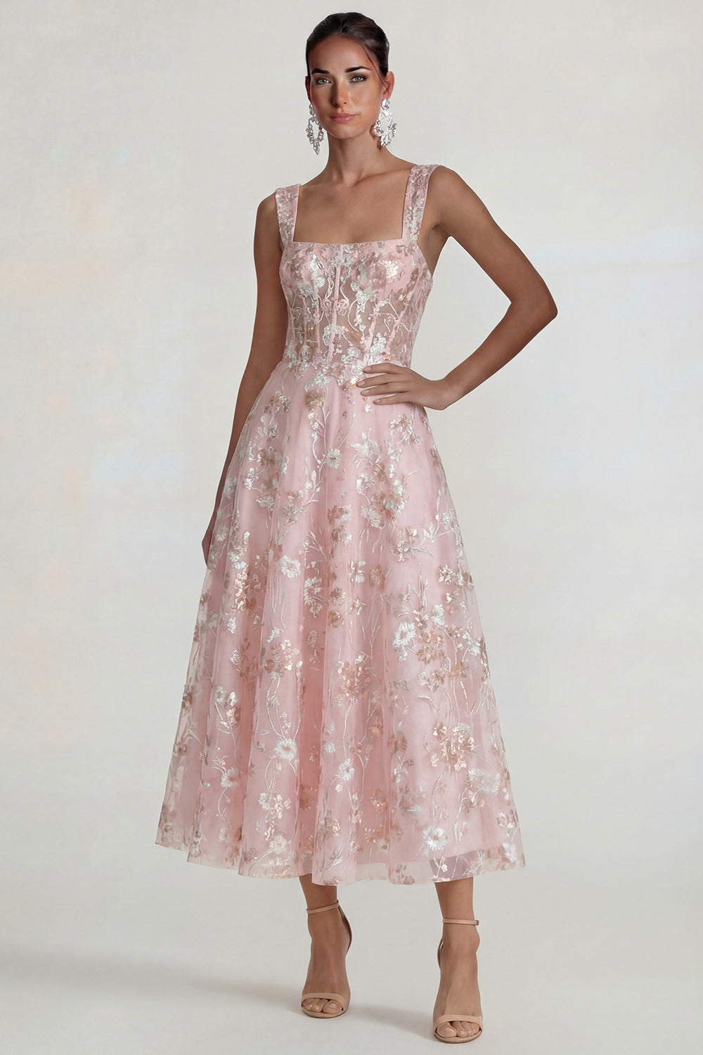 Pink Floral Square Neck A Line Long Corset Wedding Guest Dress