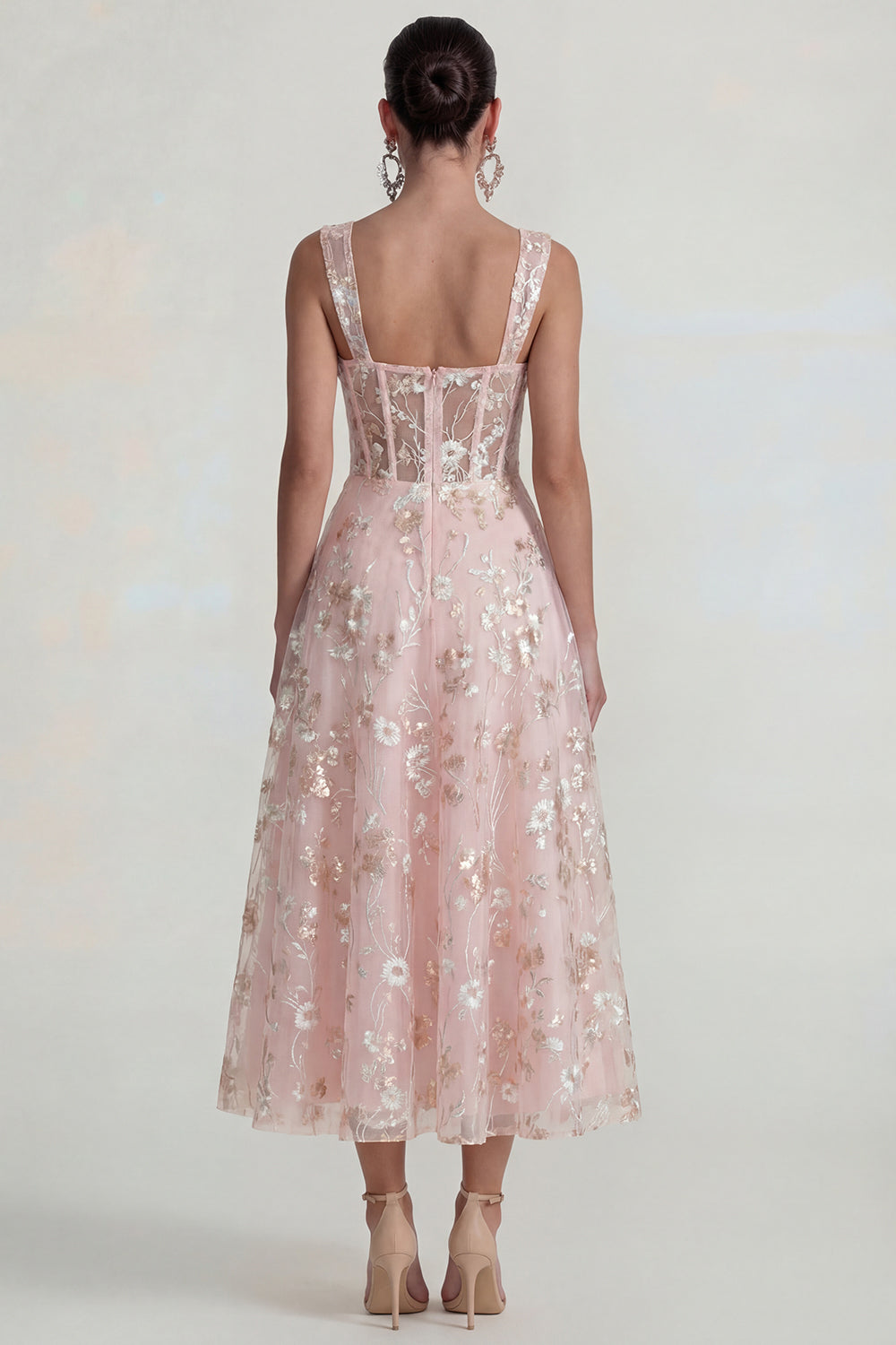 Pink Floral Square Neck A Line Long Corset Wedding Guest Dress