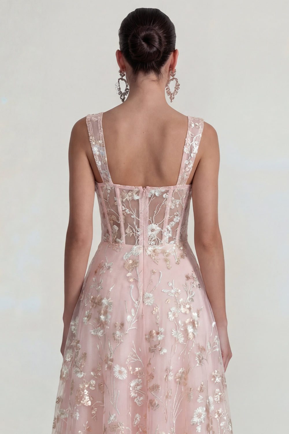 Pink Floral Square Neck A Line Long Corset Wedding Guest Dress