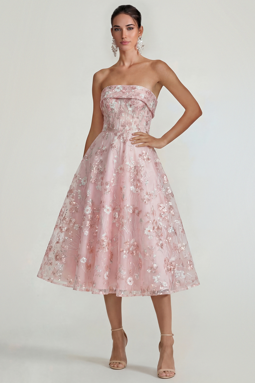 Pink Floral A Line Strapless Midi Wedding Guest Dress