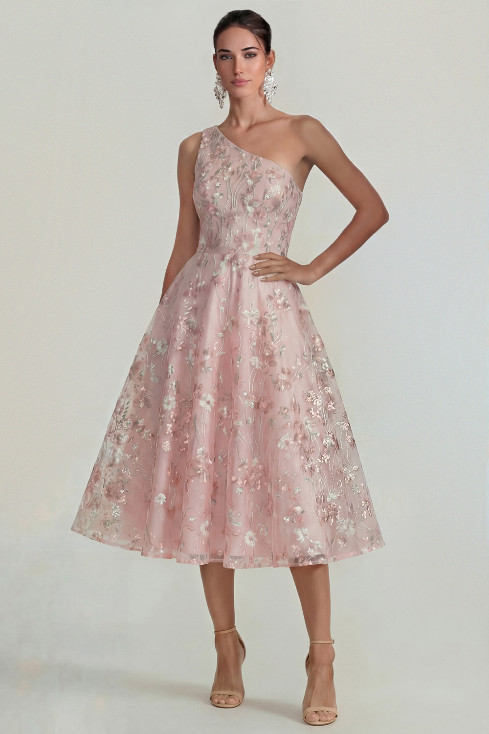 Sparkly Pink A Line One Shoulder Floral Midi Wedding Guest Dress