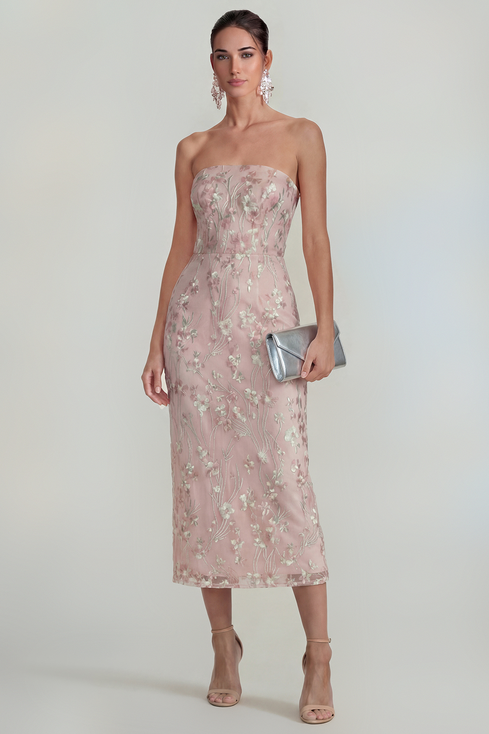 Sparkly Pink Strapless Floral Midi Sheath Wedding Guest Dress