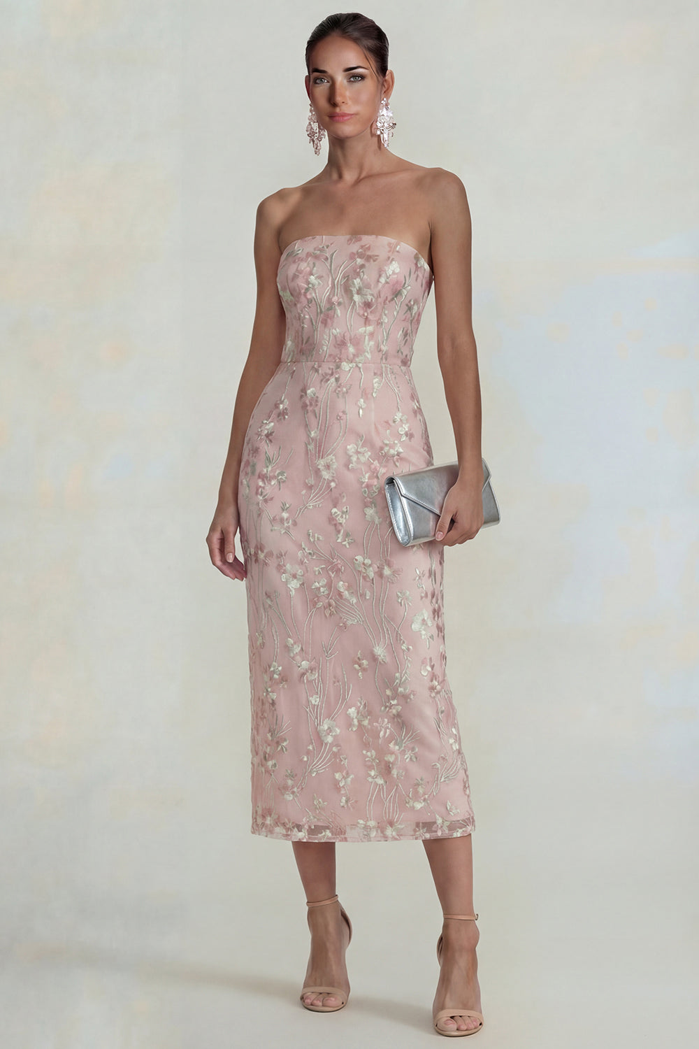Sparkly Pink Strapless Floral Long Sheath Wedding Guest Dress
