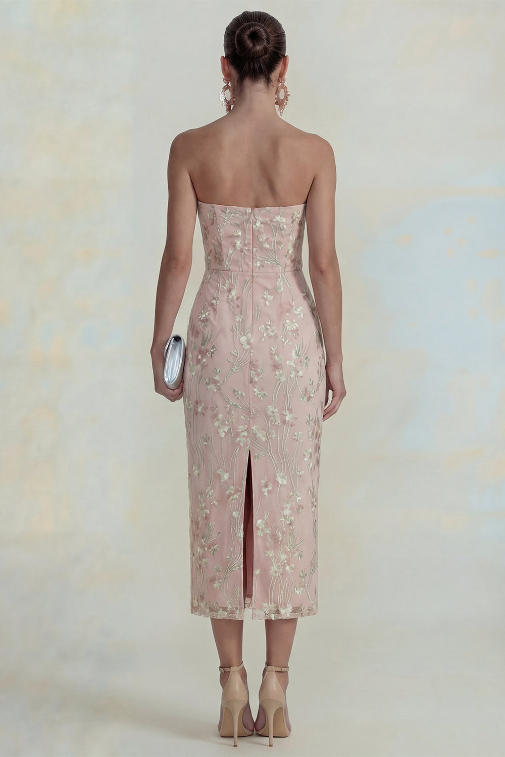 Sparkly Pink Strapless Floral Long Sheath Wedding Guest Dress