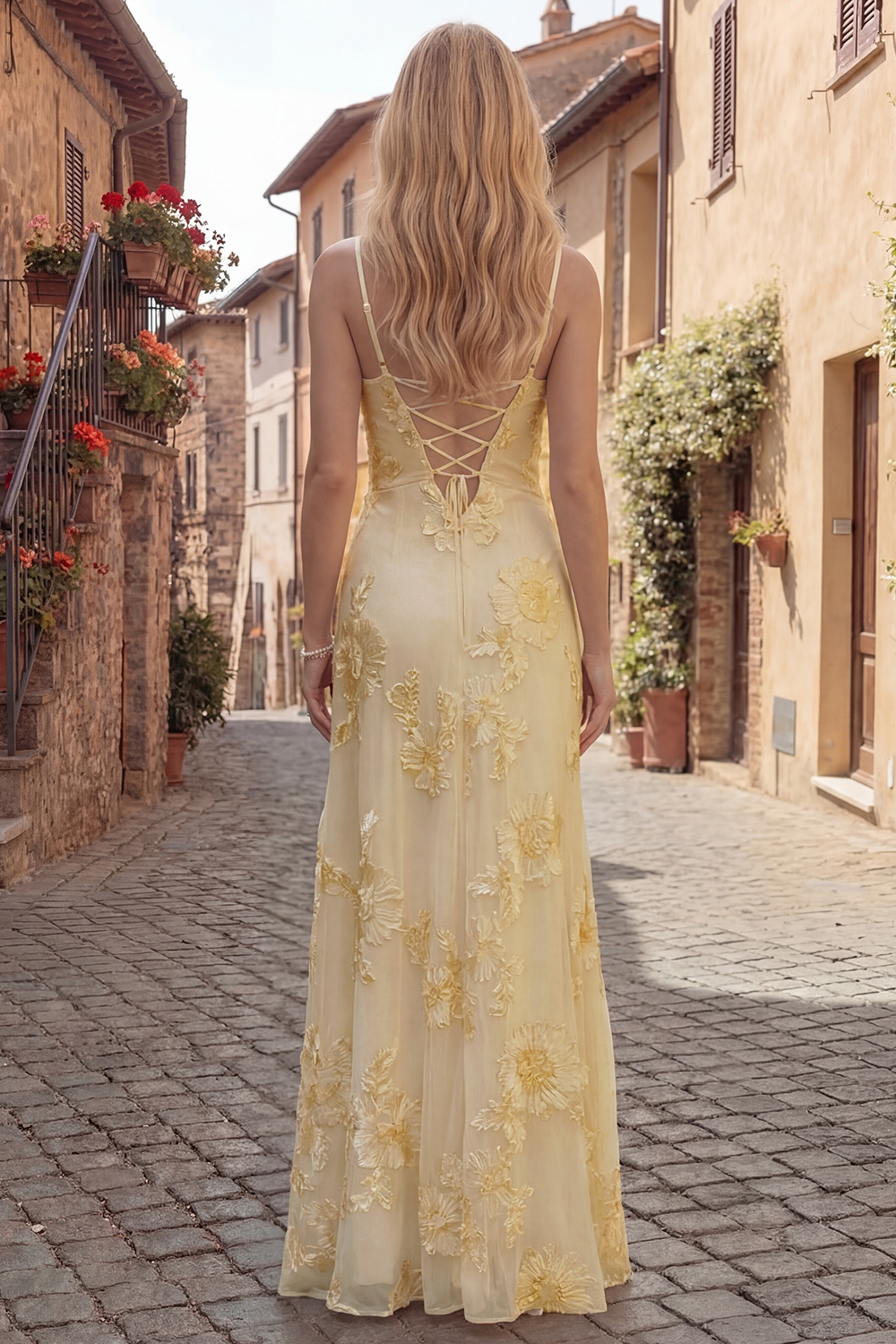 Floral Yellow Spaghetti Straps A Line Long Appliqued Prom Dress