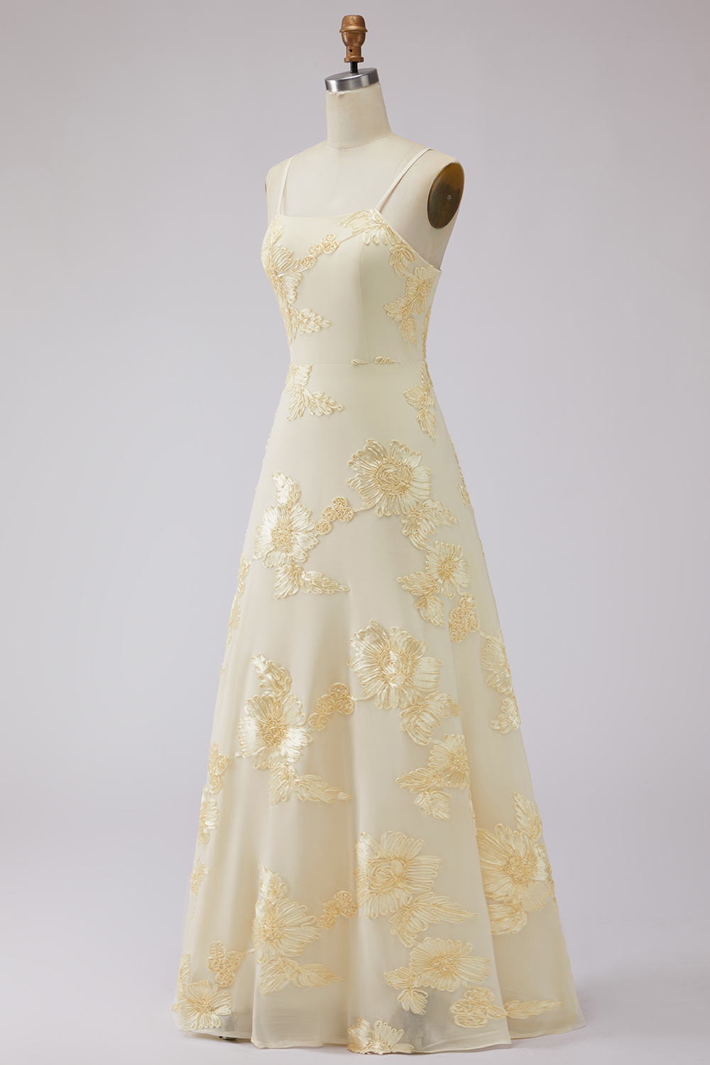 Floral Yellow Spaghetti Straps A Line Long Appliqued Prom Dress