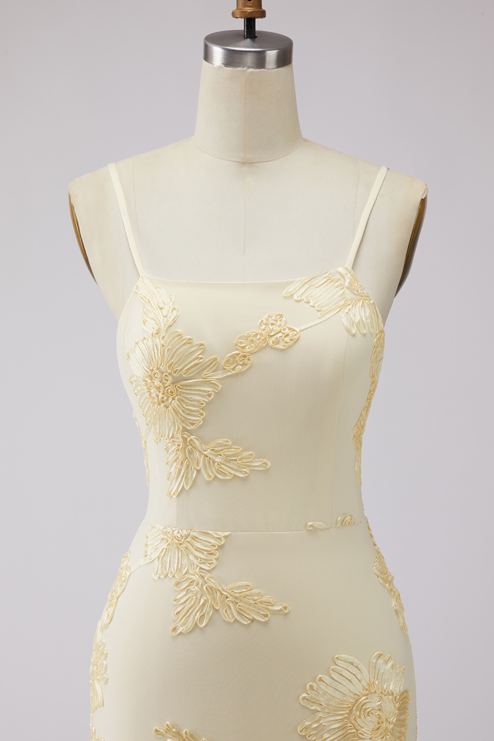 Floral Yellow Spaghetti Straps A Line Long Appliqued Prom Dress