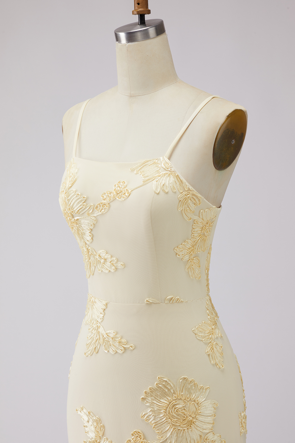 Floral Yellow Spaghetti Straps A Line Long Appliqued Prom Dress