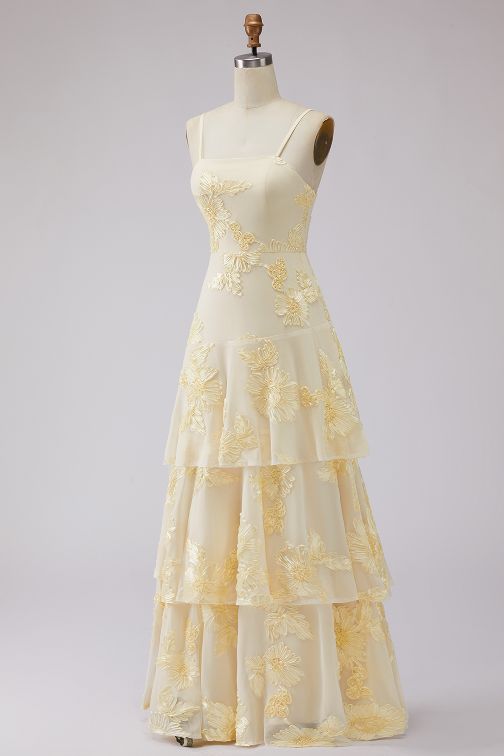 Floral Yellow A Line Tiered Spaghetti Straps Long A Line Prom Dress