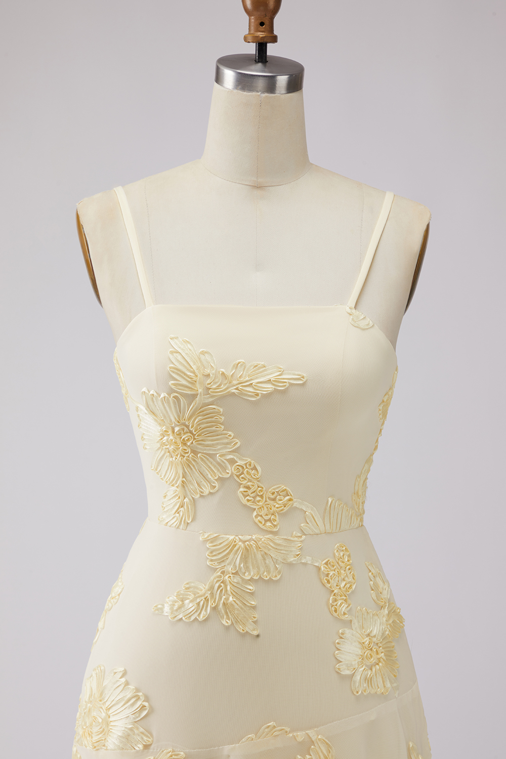 Floral Yellow A Line Tiered Spaghetti Straps Long A Line Prom Dress