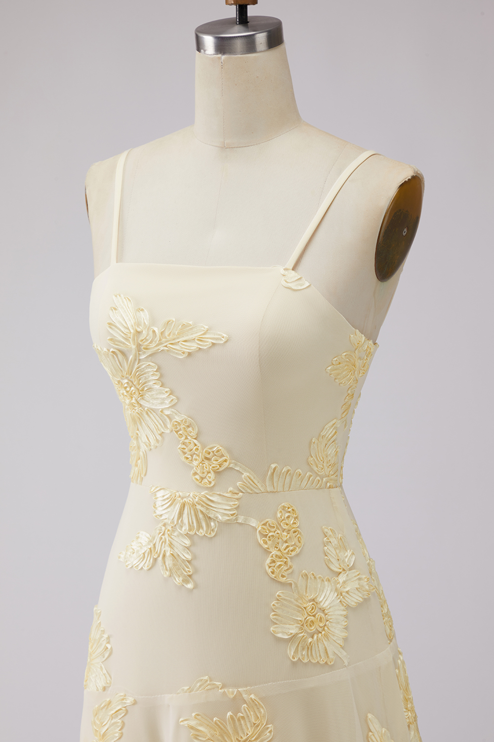 Floral Yellow A Line Tiered Spaghetti Straps Long A Line Prom Dress