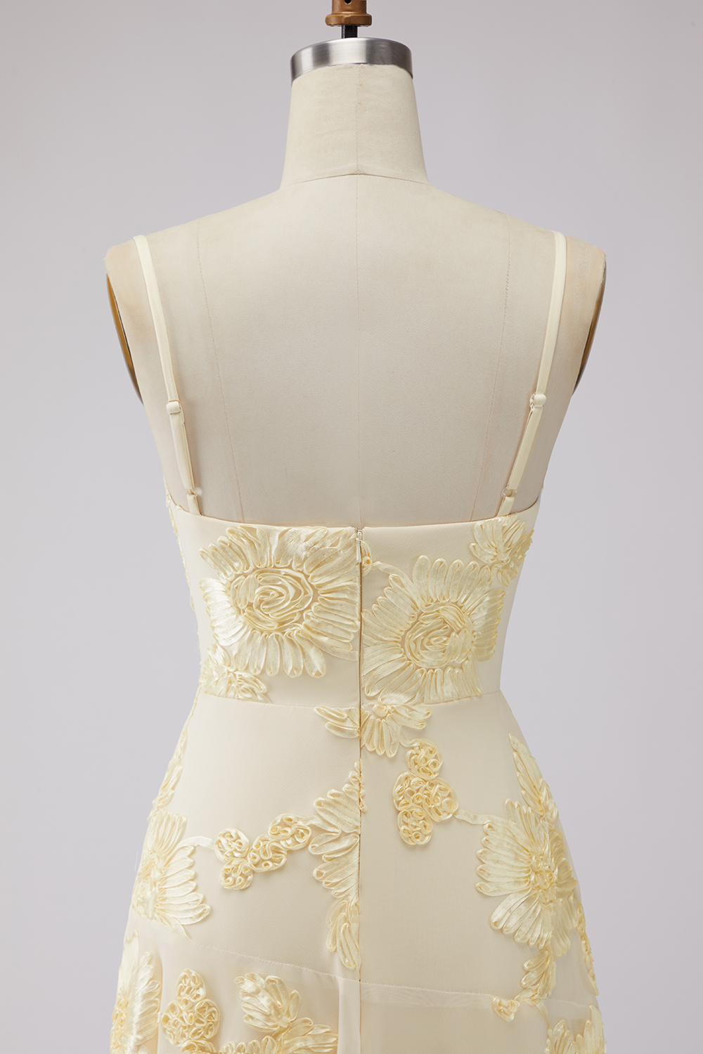 Floral Yellow A Line Tiered Spaghetti Straps Long A Line Prom Dress