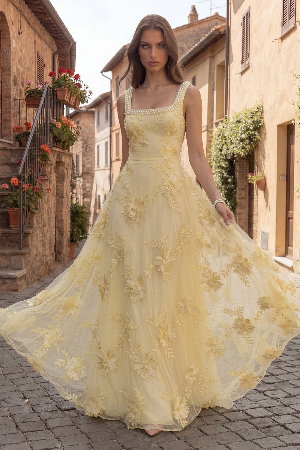 Yellow Floral A Line Square Neck Long Evening Dress with Pearls