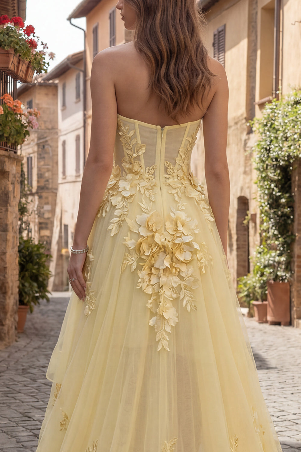 Yellow Corset A Line Sweetheart High Low Evening Dress with Ruffles