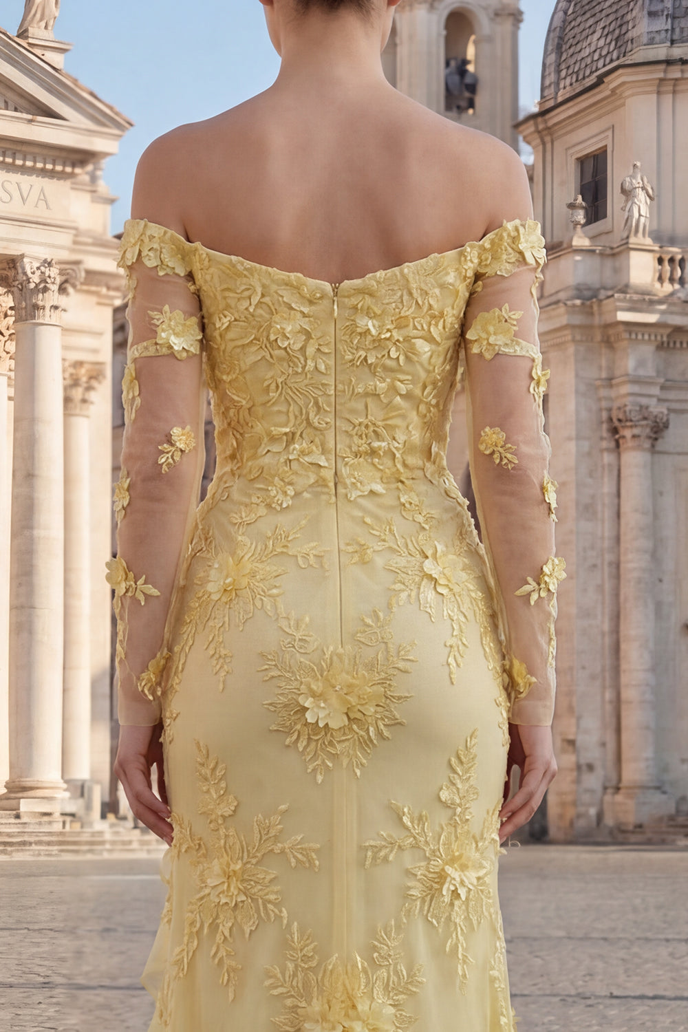 Yellow Sheath Floral Long Sleeves Evening Dress with Ruffled Slit