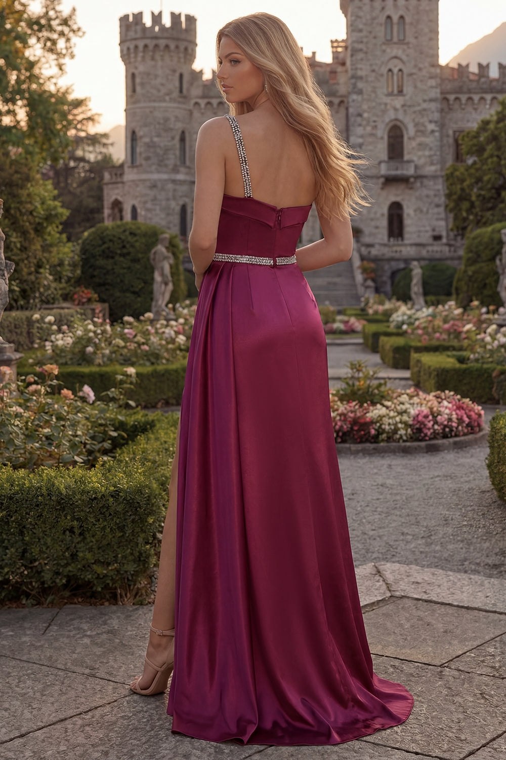 Sparkly Burgundy Beaded One Shoulder Sheath Long Evening Dress with Slit