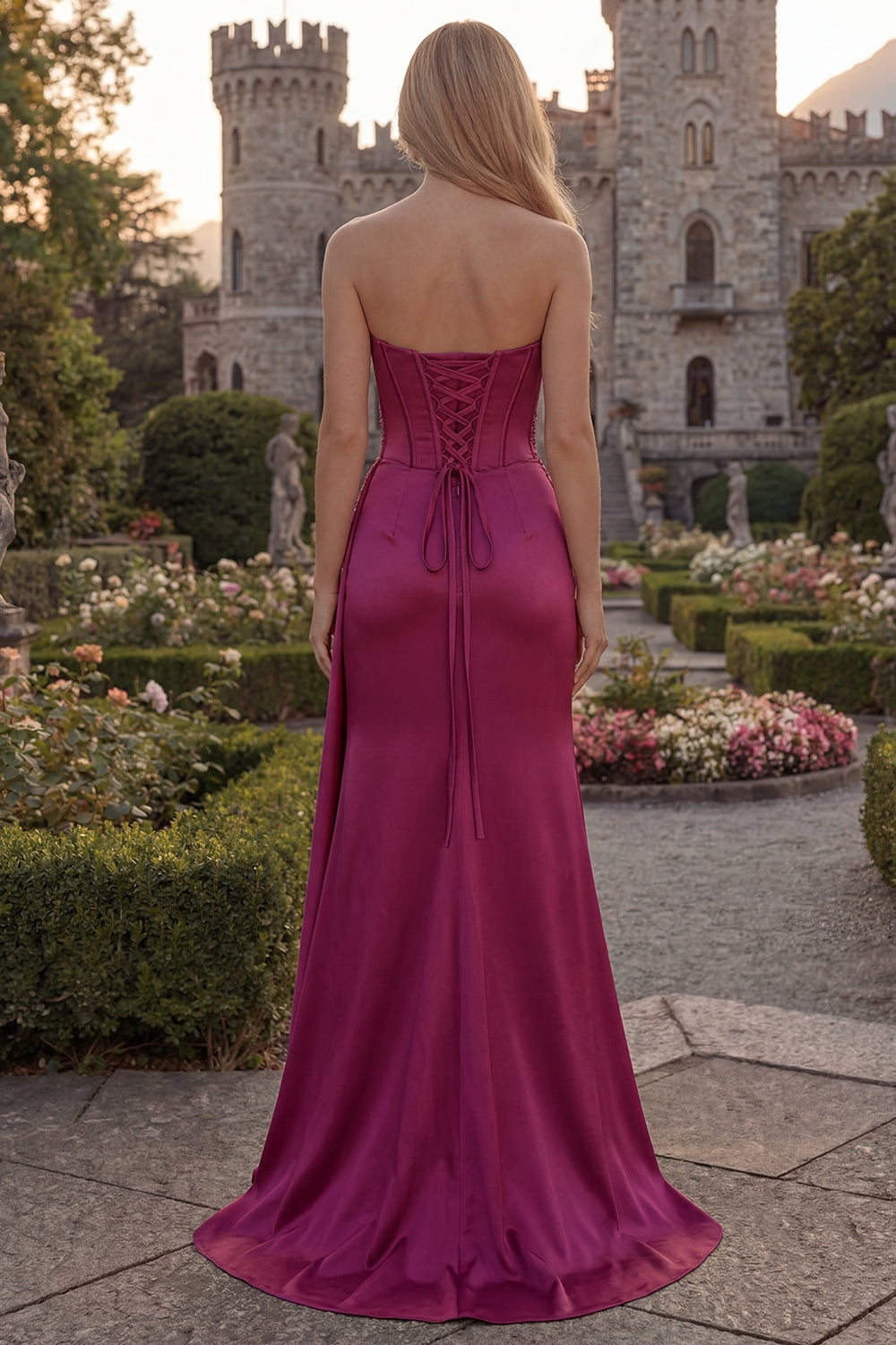 Burgundy Corset Appliqued Maxi Evening Dress with Slit