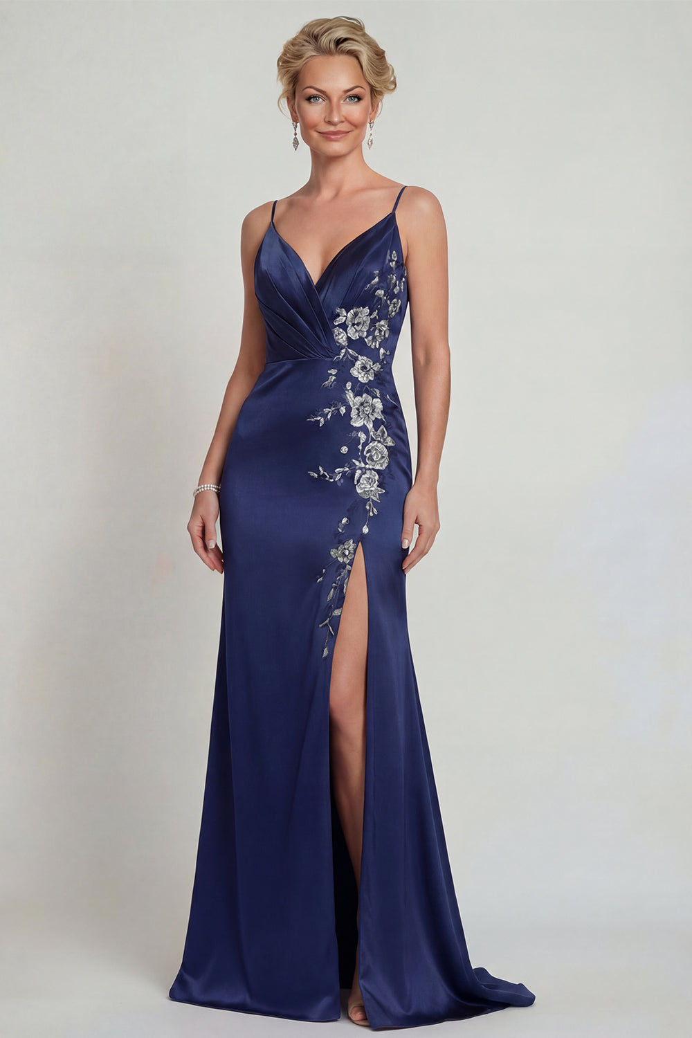 Navy Floral Satin Mermaid Spaghetti Straps Long Wedding Guest Dress with Slit