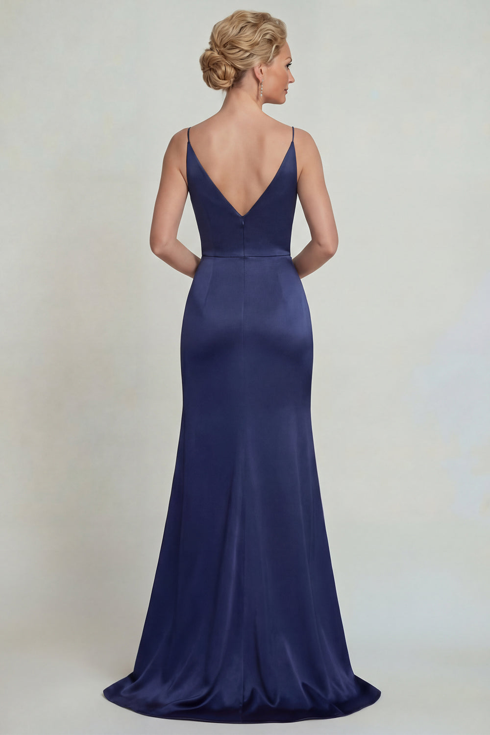 Navy Floral Satin Mermaid Spaghetti Straps Long Wedding Guest Dress with Slit