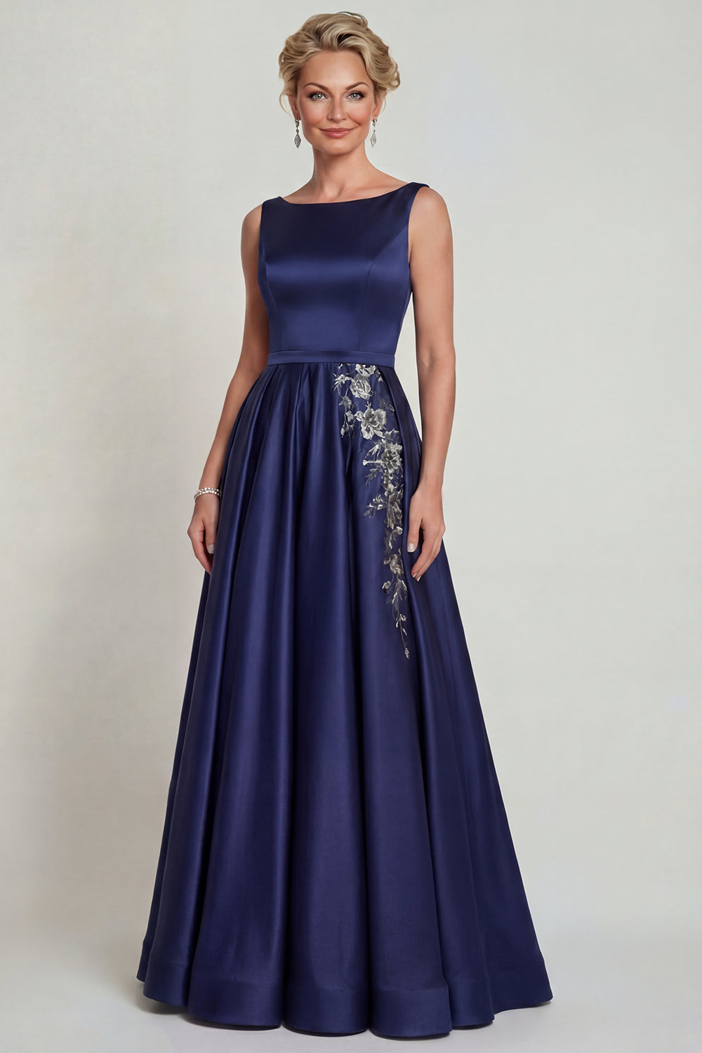 Boat Neck Navy Satin Floral Beaded A Line Long Wedding Guest Dress