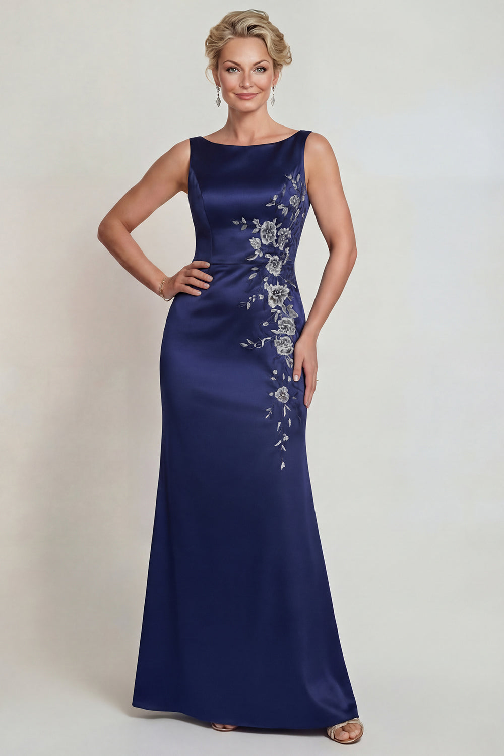 Navy Floral Boat Neck Mermaid Satin Long Wedding Guest Dress