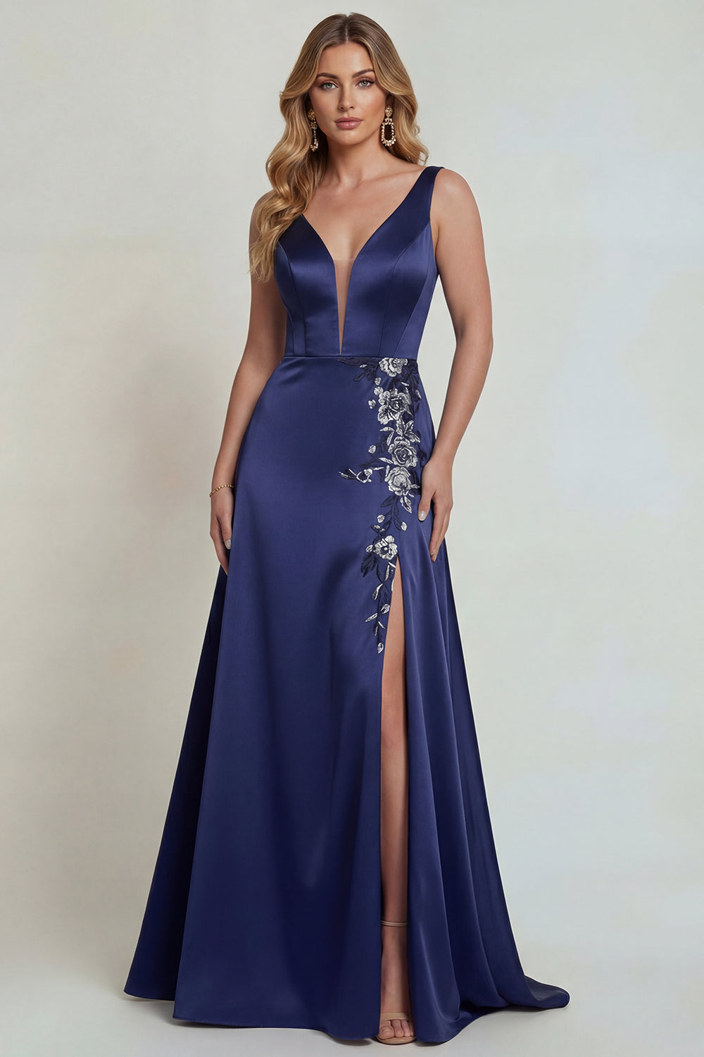 Navy Floral Satin A Line V-Neck Long Wedding Guest Dress with Slit