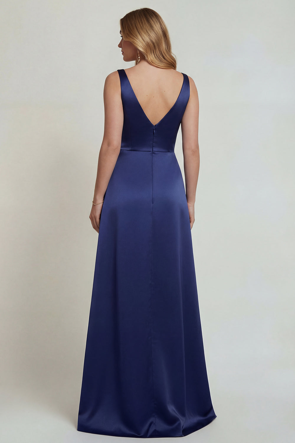 Navy Floral Satin A Line V-Neck Long Wedding Guest Dress with Slit