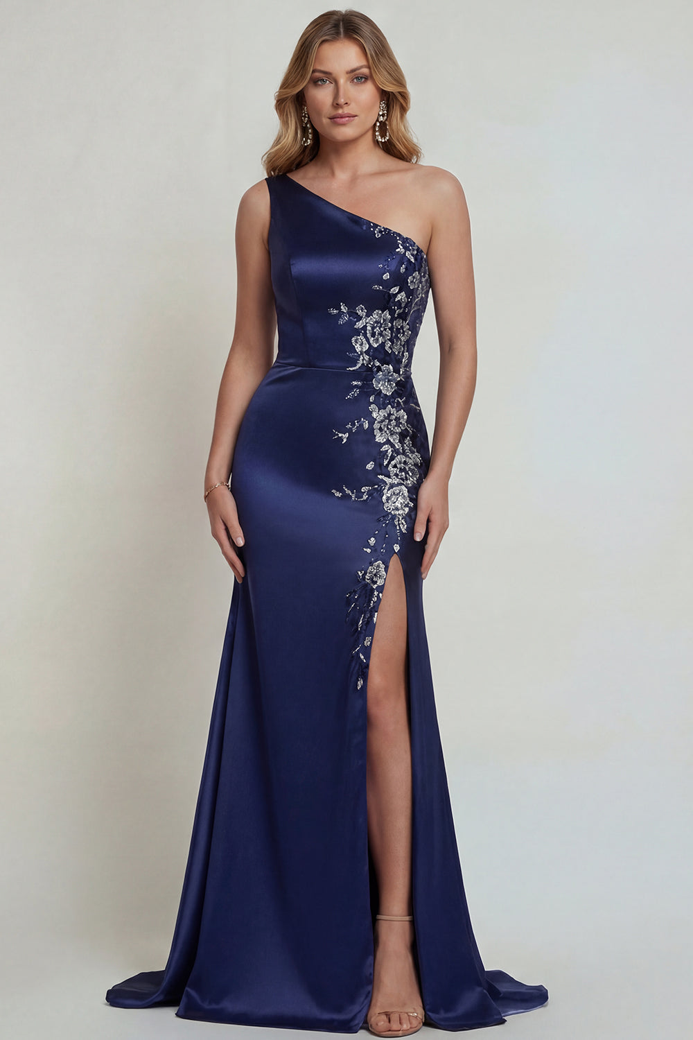 Navy One Shoulder Mermaid Floral Satin Long Wedding Guest Dress with Slit