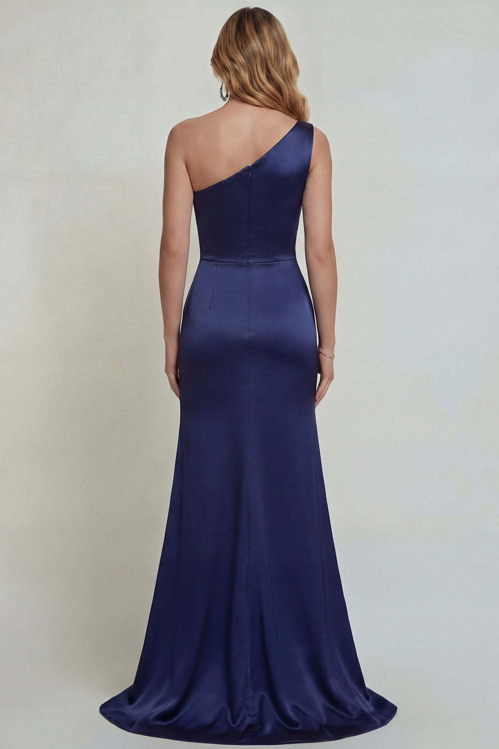 Navy One Shoulder Mermaid Floral Satin Long Wedding Guest Dress with Slit