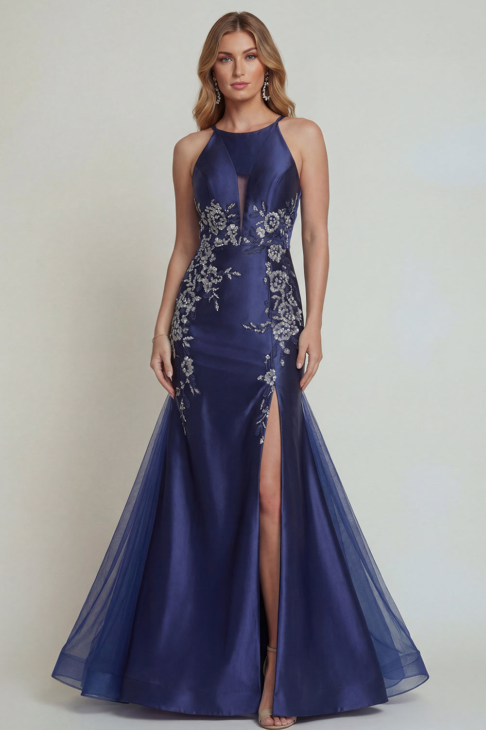 Navy Satin Floral Mermaid Halter Long Wedding Guest Dress with Slit