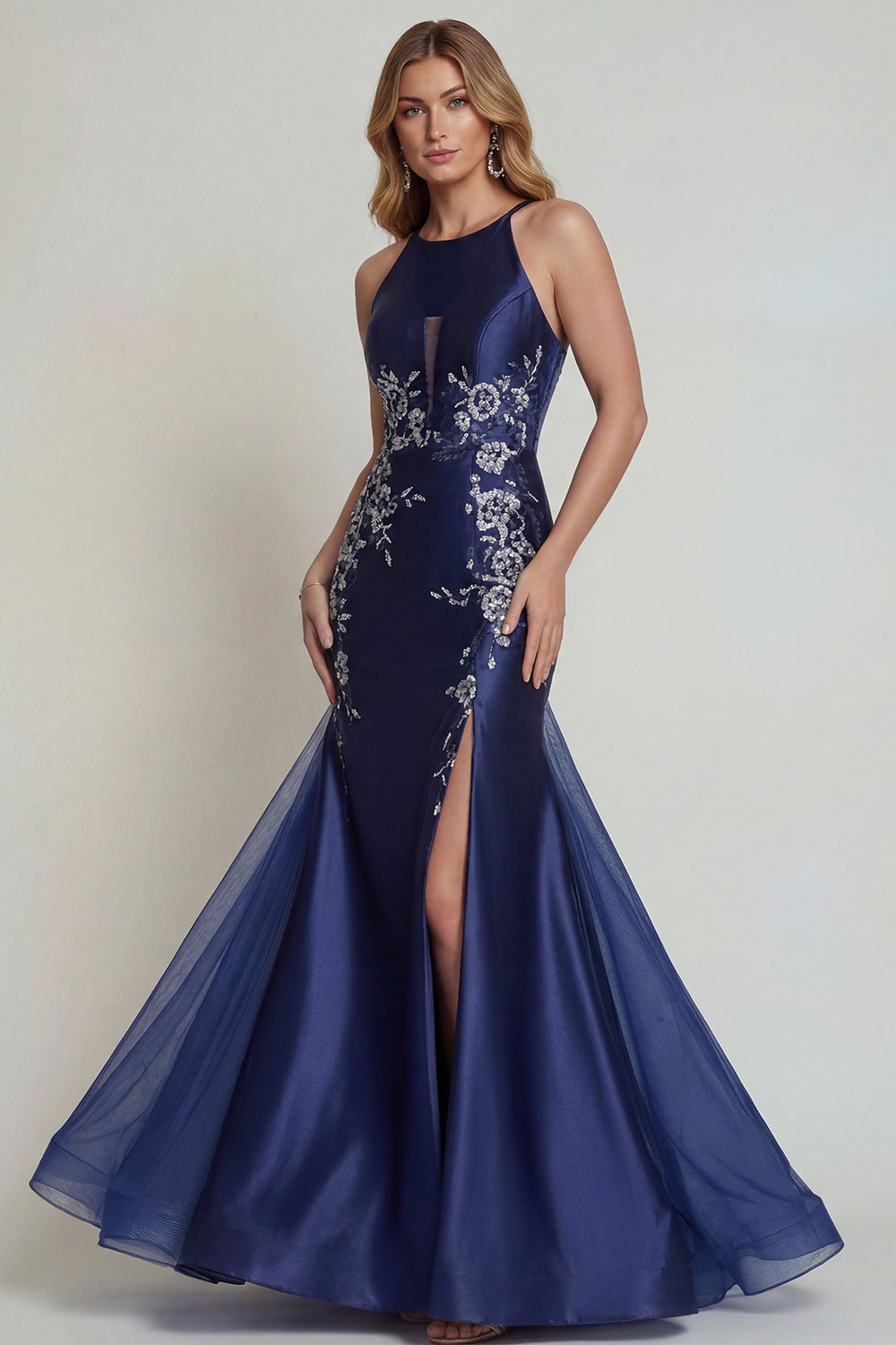 Navy Satin Floral Mermaid Halter Long Wedding Guest Dress with Slit