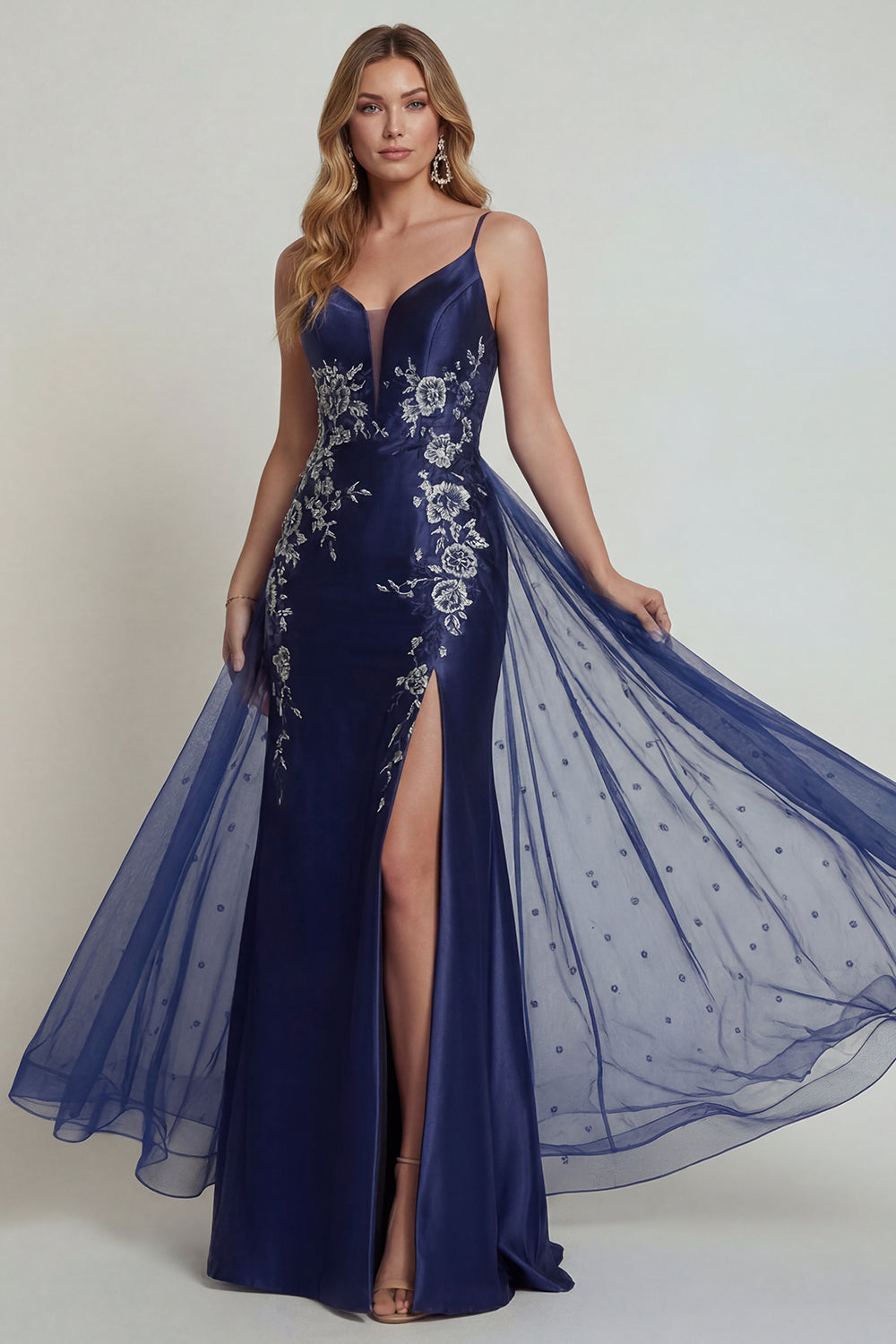 Navy Satin Floral Long Mermaid Wedding Guest Dress with Cape