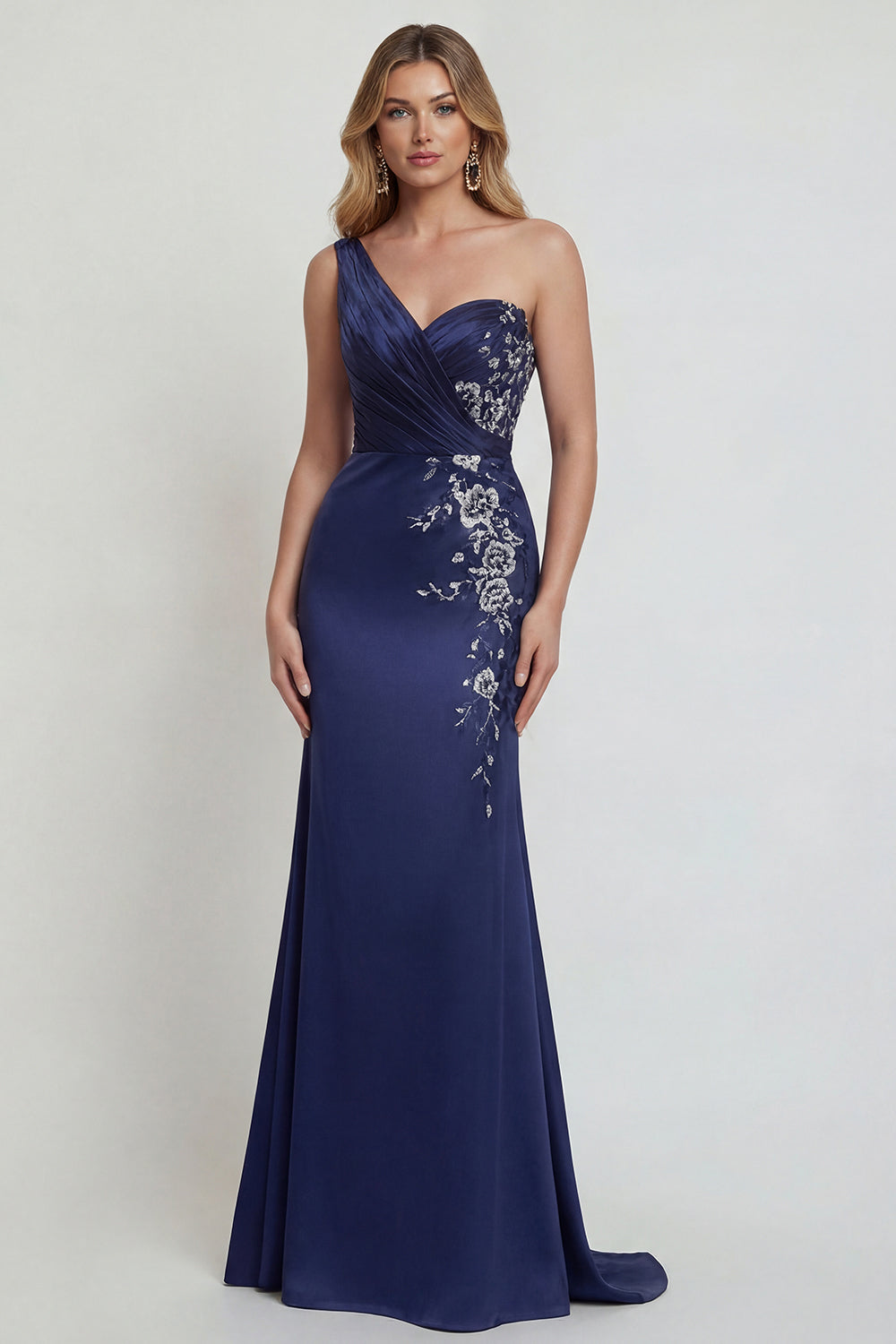 Navy Floral Mermaid One Shoulder Satin Long Wedding Guest Dress