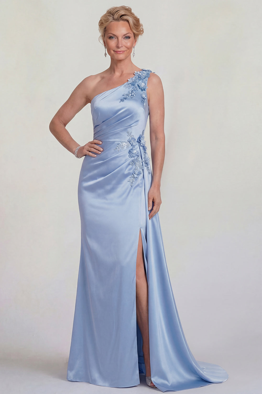 Blue Floral Satin One Shoulder Mermaid Long Wedding Guest Dress with Side Cape