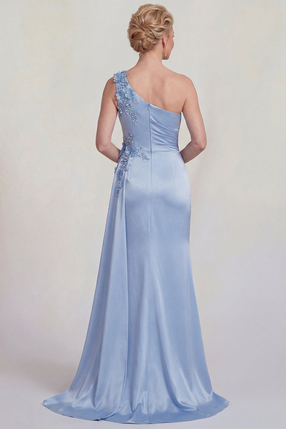 Blue Floral Satin One Shoulder Mermaid Long Wedding Guest Dress with Side Cape