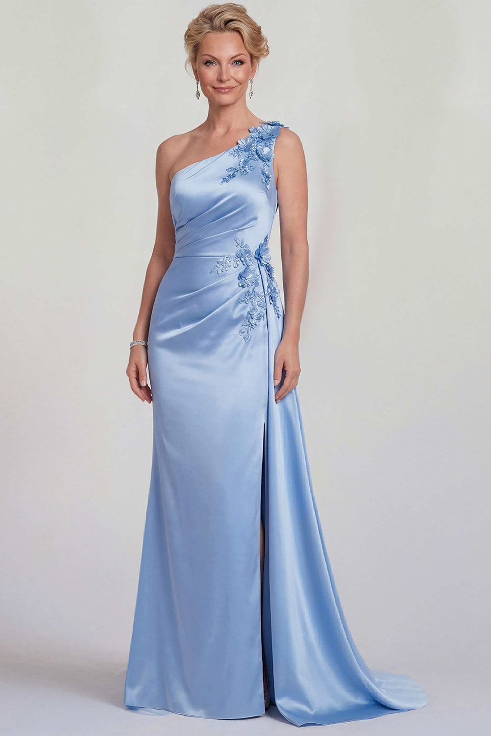Blue Floral Satin One Shoulder Mermaid Long Wedding Guest Dress with Side Cape