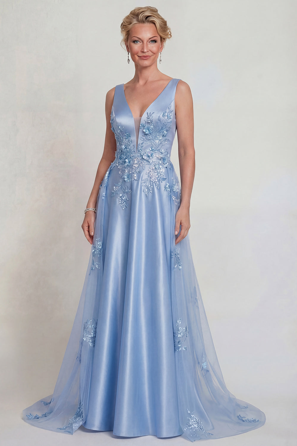 Sparkly Blue Floral Satin A Line V-Neck Long Wedding Guest Dress