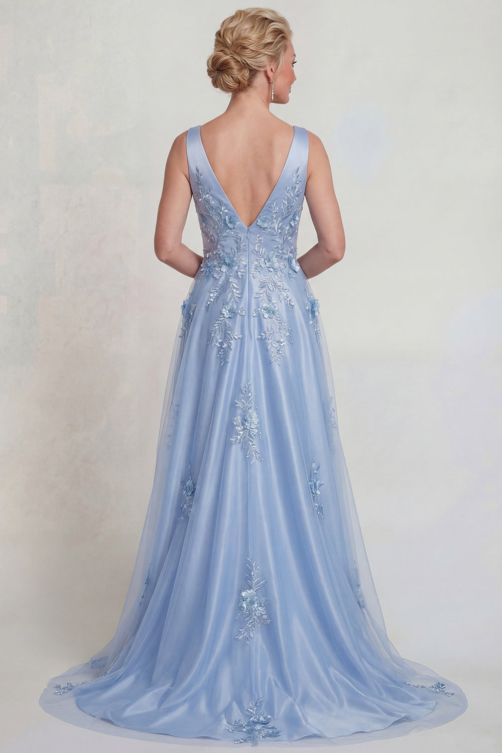 Sparkly Blue Floral Satin A Line V-Neck Long Wedding Guest Dress