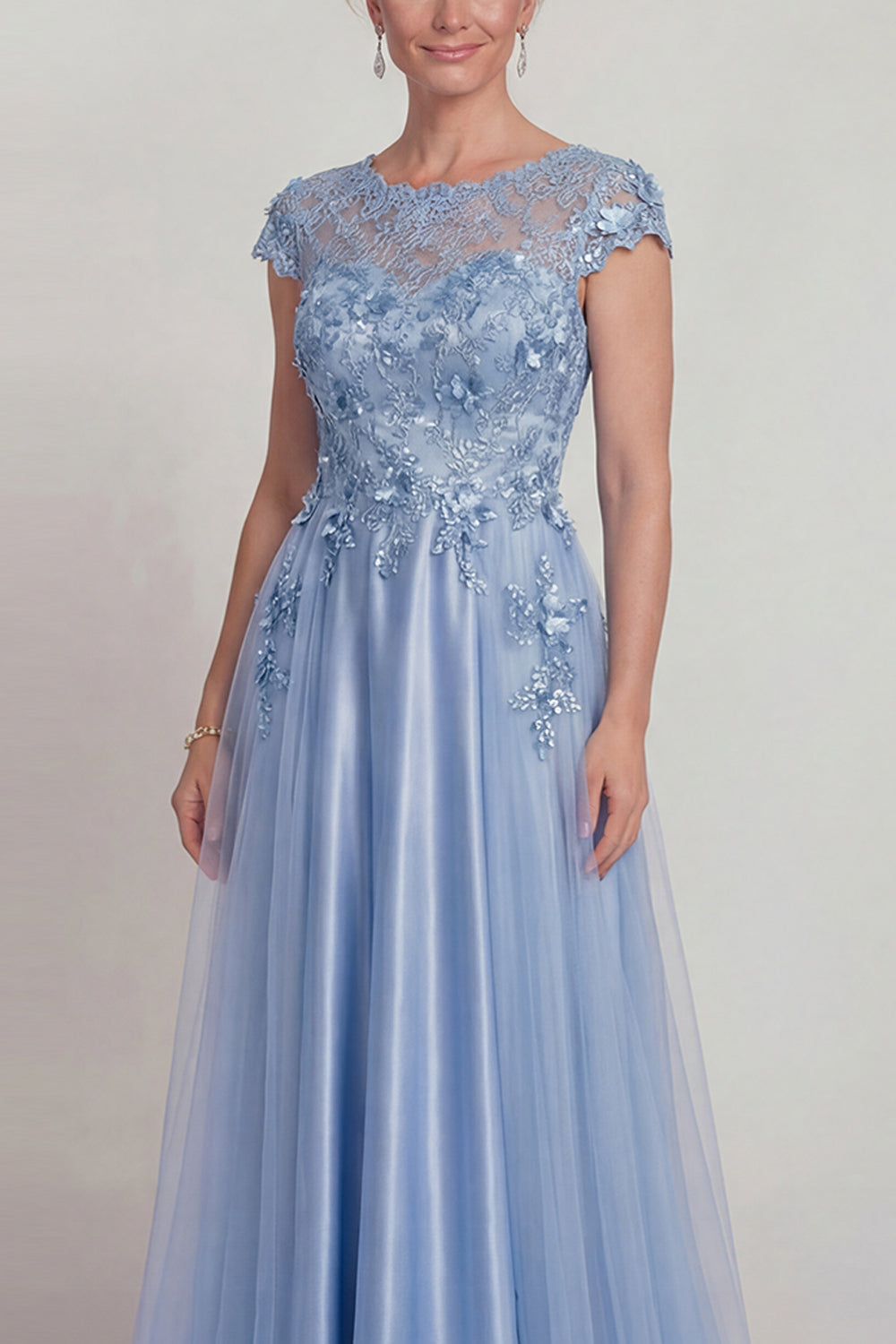 Sparkly Blue Floral A Line Beaded Long Wedding Guest Dress with Sleeves